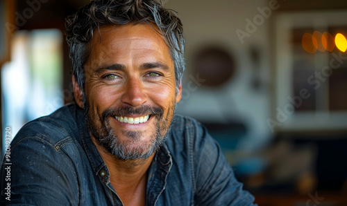 Confident Middle-Aged Man with Warm Smile and Friendly Expression, Casual Setting, Depicting Happiness, Contentment and Approachable Personality