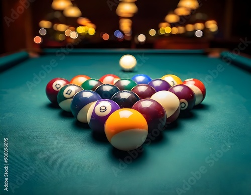 Billiard Balls: Create a scene with billiard balls falling into pockets on a pool table.