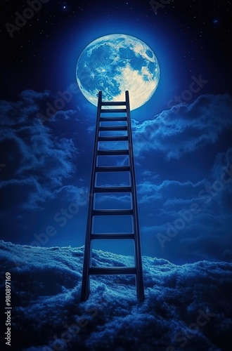  A ladder leading to the moon, a blue night sky 