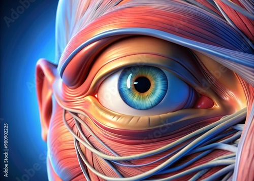 Illuminated 3D illustration of the human eye's superior rectus muscle, highlighting its anatomical structure and