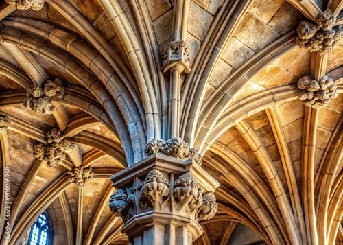 Intricate stone corbel brackets support an ancient vaulted ceiling adorned with ornate carvings and worn by time,