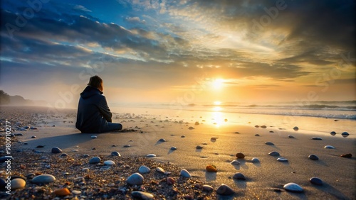 Lonely silhouette of a person sitting on a misty beach at dawn, surrounded by empty shells and seaweed,