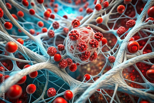 Microscopic view of a blood clot, displaying a tangled network of fibrin strands and entrapped red and white