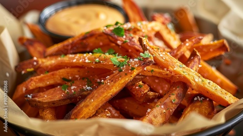 Crispy Sweet Potato Fries with Creamy Dip, food photography, delicious sweet potato fries, crispy , sweet potato, fries , dip