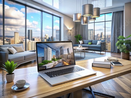 Modern 3D interior design software on a laptop screen displays a stylish living room layout, with a cityscape