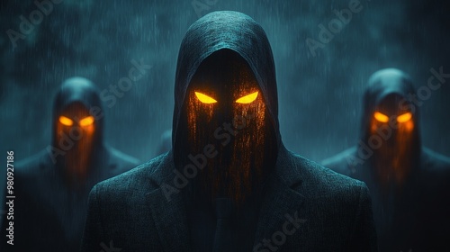 Three men with hoods on their heads and glowing eyes