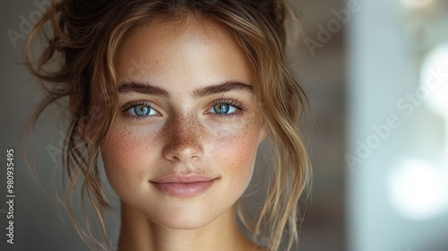 Natural portrait of a young woman with blue eyes and freckles in a softly lit indoor setting during daytime