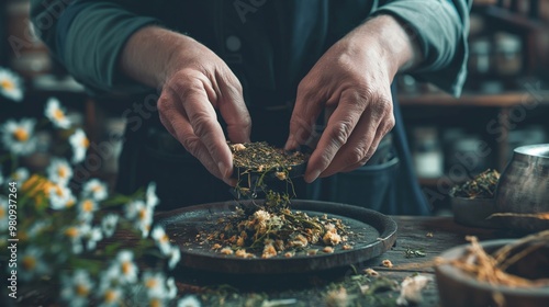 A person is holding a handful of herbs and spices on a plate. The herbs are scattered on the plate, and the person is looking at them with a focused expression.Generative ai illustration.