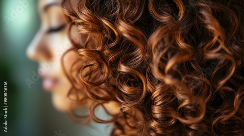 Close up of a woman's curly auburn hair.