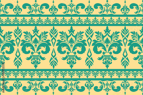 Damask floral fabric seamless patterns for Cross Stitch, carpets and cloth with green and light blue color