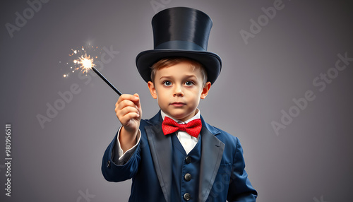 Magician boy performing with magic wand and hard hat isolated with white highlights, png