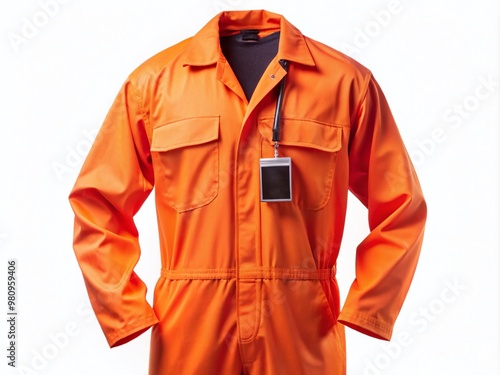 Orange prison jumpsuit with a number identification tag on the chest, isolated on a white background, symbolizing