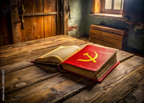 Red-bound dictionary lies open on a worn wooden desk, communism entry highlighted in yellow, surrounded by Marxist