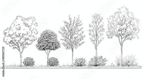 Architectural Drawings, Minimal style cad tree line drawing, Side view, set of graphics trees elements outline symbol for landscape design drawing. Vector illustration