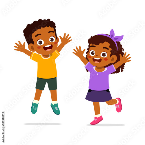 little kid and friend raise hand up