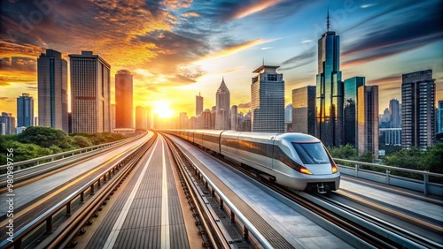 Sleek silver train zooms through modern cityscape at sunset with blurred motion effect, showcasing urban transportation