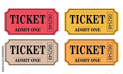 A set of movie colored ticket . Retro ticket design template. Tickets for cinema, movie, circus, carnival, film, festival, etc. Vector illustration.