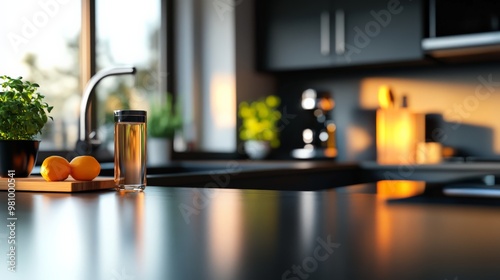 Modern kitchen with sleek black countertops, fresh oranges, and sunlight streaming through the windows, creating a warm ambiance.