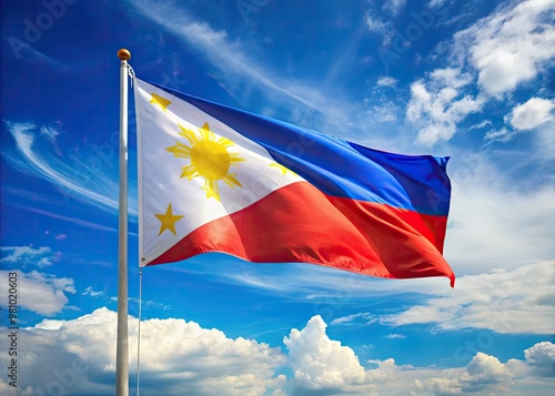 The Tricolor Philippine flag flaps confidently against a radiant blue sky, its striking red, white, and blue hues exuding patriotism and national pride.