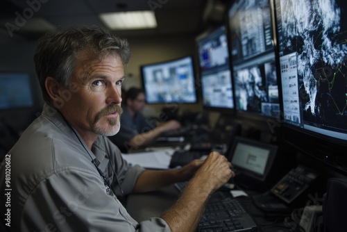 A man is seen attentively monitoring weather patterns and flood situations on several computer screens in a command center, epitomizing the importance of technology in disaster management.