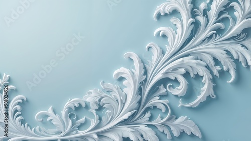 A blue ornamental floral design in high relief on a soft blue background, offering a delicate decorative touch.