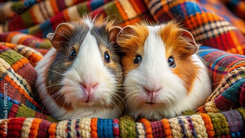 Two fluffy guinea pigs with twitching whiskers and bright curious eyes snuggle together on a soft patchwork blanket,