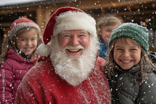 Amid falling snowflakes, Santa's jolly laughter lights up the faces of children around him, creating an enchanting scene filled with festive joy and warmth.