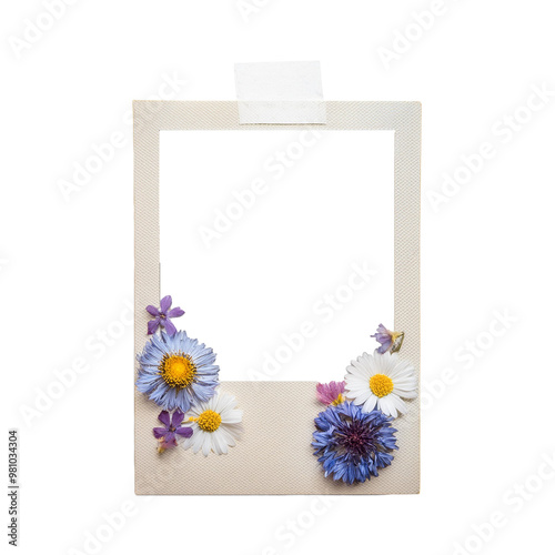 Polaroid photo frame with dried wildflowers isolated on transparent background