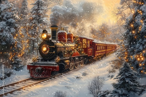 whimsical holiday postcard featuring fairytale locomotive merry christmas scene with magical train evokes nostalgia and wonder in festive illustration