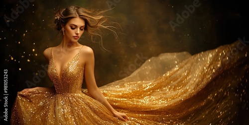 a stunningly beautiful woman in a gorgeous gold dress. gorgeous portrait woman in a luxurious golden dress. copy space.