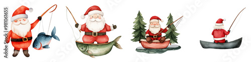 Four playful Santa clauses engaged in fishing, showcasing holiday cheer and whimsical charm in a festive seasonal scene.