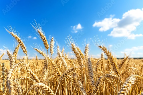 A panoramic view of wheat fields, with golden grains swaying in the breeze under a bright blue sky