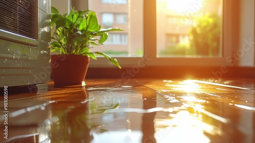 Water pooling on a hardwood floor beneath a faulty window AC