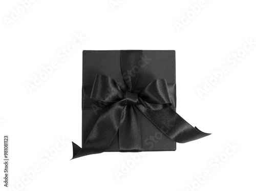 Black Friday Sale. Black gift box with ribbon bow isolated on white transparent, top view