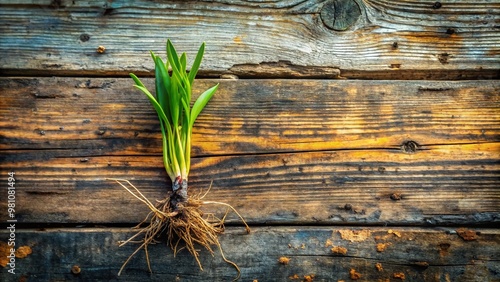 Vibrant green shoots with adventitious roots burst forth from a worn wooden plank, symbolizing resilience and new