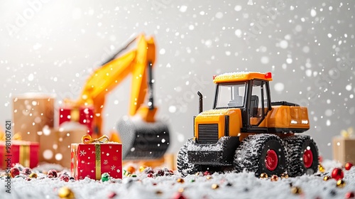 Christmas presents carried by excavator toy on white