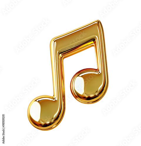 A glossy gold music note symbol, isolated over a transparent background. PNG