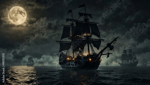 1750 pirate galleon with black sails and golden cannons under a full moon and fog.