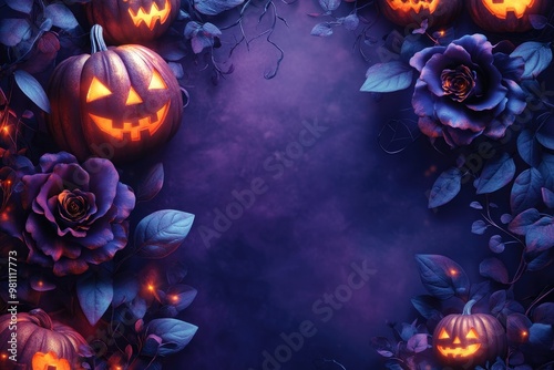 Intricate Halloween flower frame with glowing pumpkins and ghostly vines, set against a deep purple background, eerie and elegant