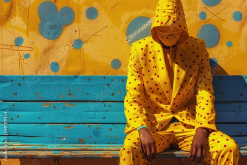 A person wearing a bright yellow suit sits on a blue bench, likely waiting or observing