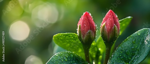 Close-up of two red flower buds covered in dew drops, surrounded by green leaves and highlighted by soft, natural sunlight.