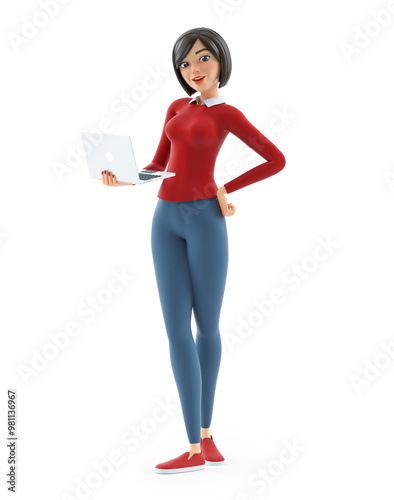 3d casual girl standing with laptop