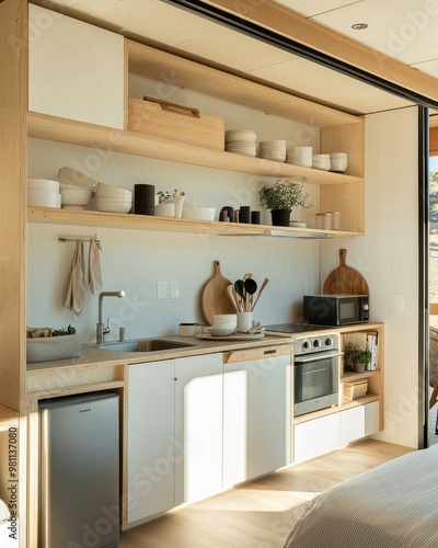 A minimalist tiny kitchen with open shelving, compact appliances, and a simple layout, optimizing space in a tiny home.