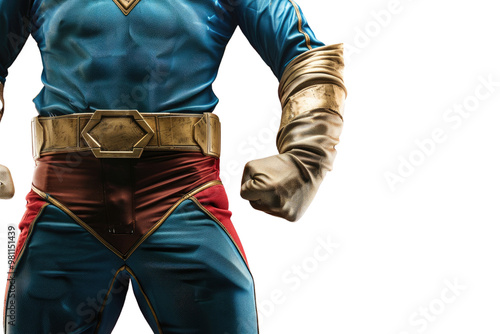 Close up of powerful superhero costume with red cape, blue costume and gold accents isolated on white background. Studio fashion photography for design and print. Fantasy cloth design. AIG57.