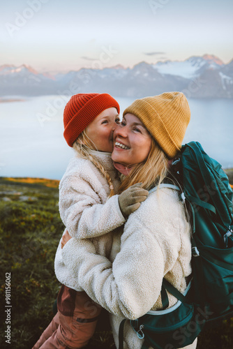 Mother with child daughter having fun outdoor family hiking together travel lifestyle active autumn vacations backpacking in mountains candid emotions, Mothers day holiday