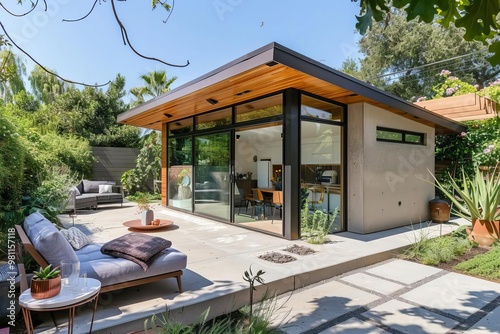 Minimal cozy backyard accessory dwelling unit, modern landscaping, stylish and inviting, clean and contemporary design