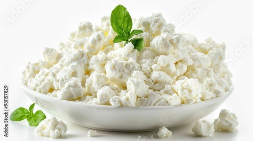 A bowl of creamy cottage cheese topped with a fresh sprig of mint