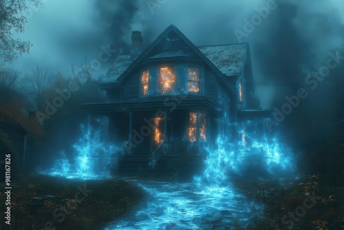 nostalgic hologram projection of a quaint childhood home shimmer ing in the darkness evoking memories and emotions