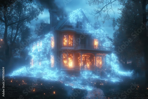 nostalgic hologram projection of a quaint childhood home shimmer ing in the darkness evoking memories and emotions