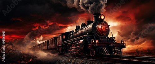 A steam locomotive races across the railway tracks under a dramatic red sky, with thick smoke trailing behind. The intense sunset colors highlight the power and movement of the train, evoking a sense